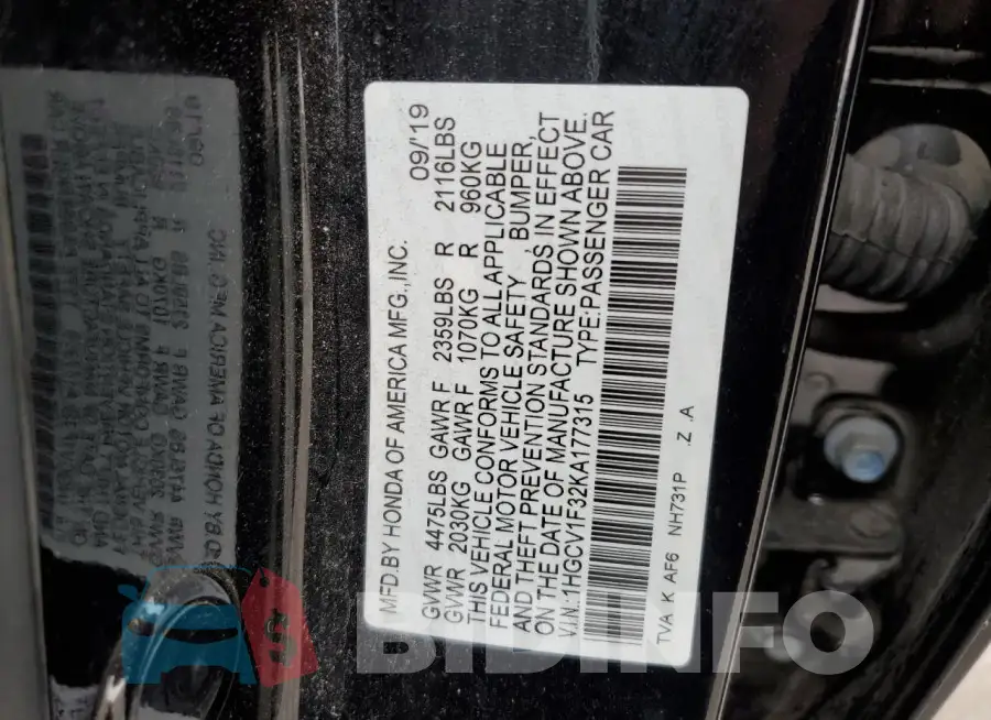 1HGCV1F32KA177315 Photo# 12