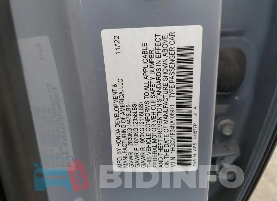 1HGCV1F34NA108971 Photo# 12