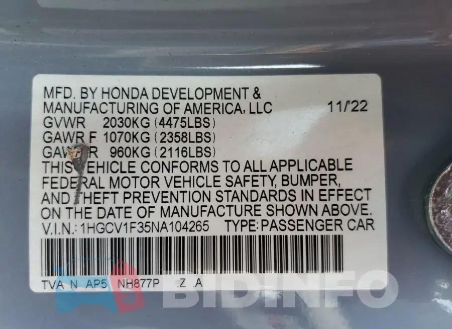 1HGCV1F35NA104265 Photo# 12