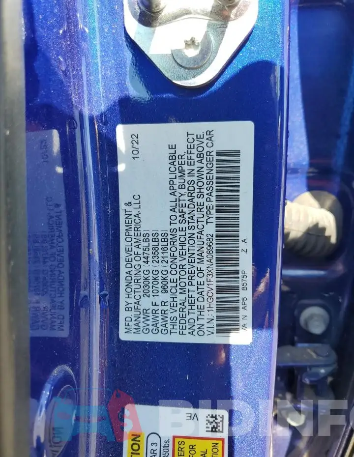 1HGCV1F3XNA089682 Photo# 12