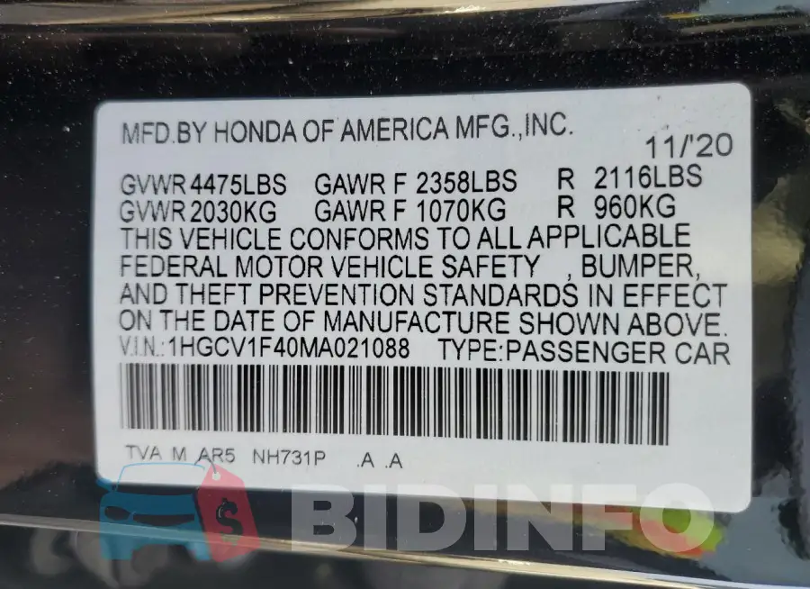 1HGCV1F40MA021088 Photo# 12