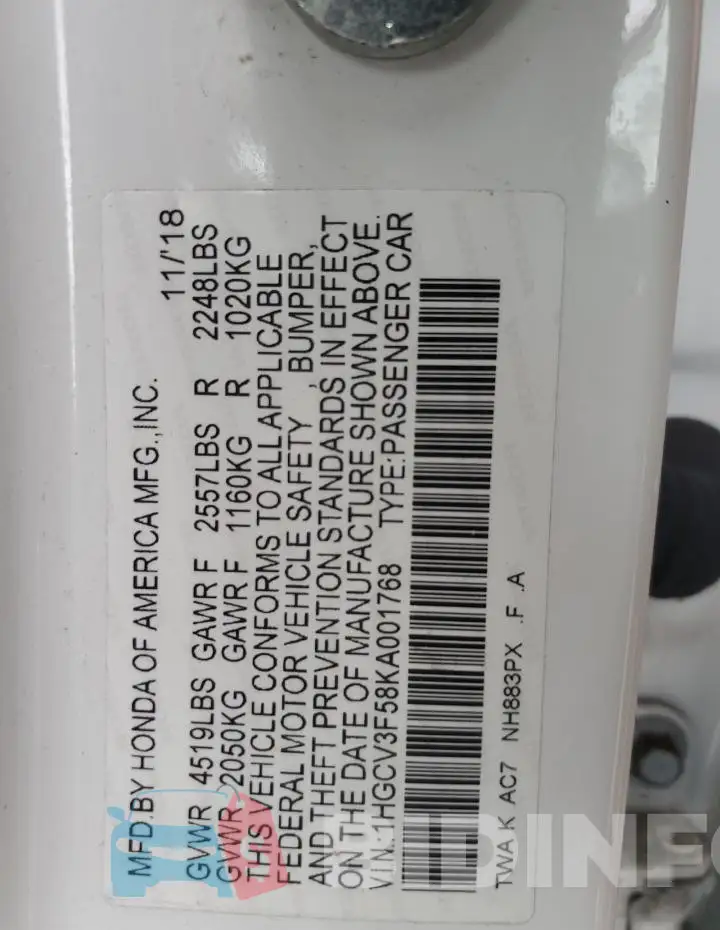 1HGCV3F58KA001768 Photo# 12