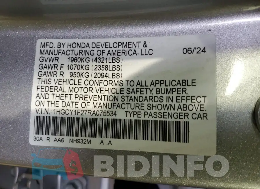 1HGCY1F27RA075534 Photo# 12