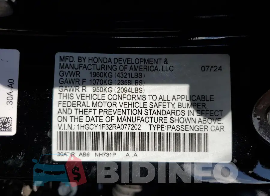 1HGCY1F32RA077202 Photo# 12
