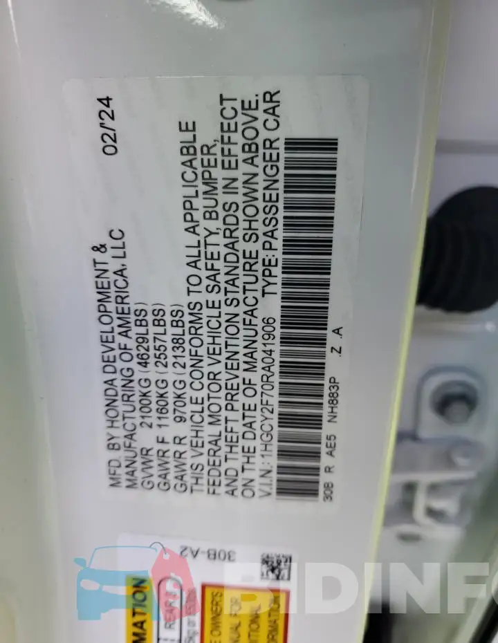 1HGCY2F70RA041906 Photo# 12