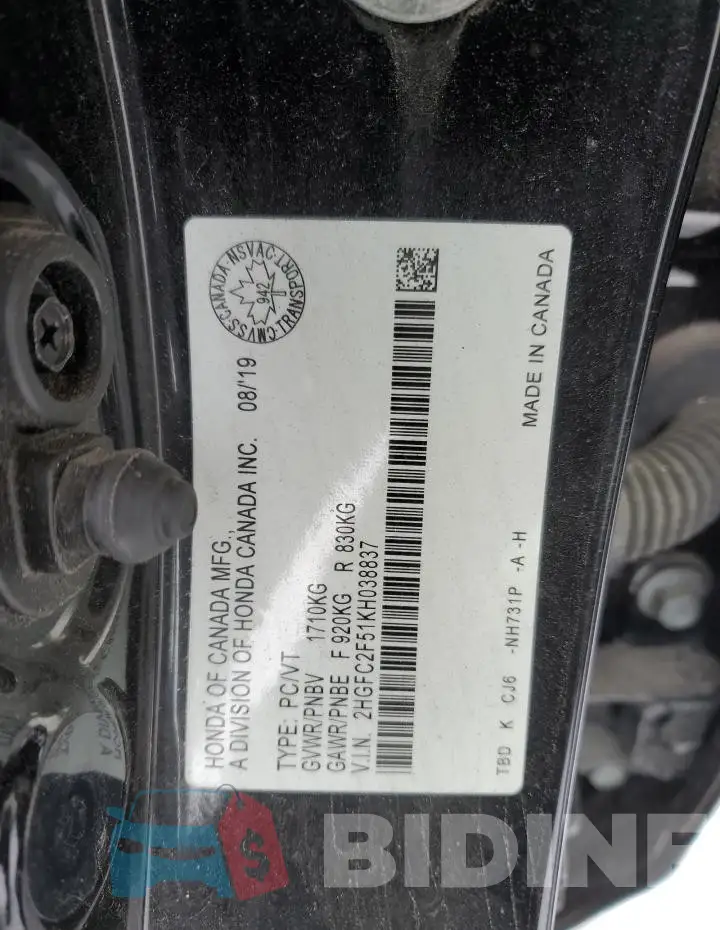 2HGFC2F51KH038837 Photo# 12