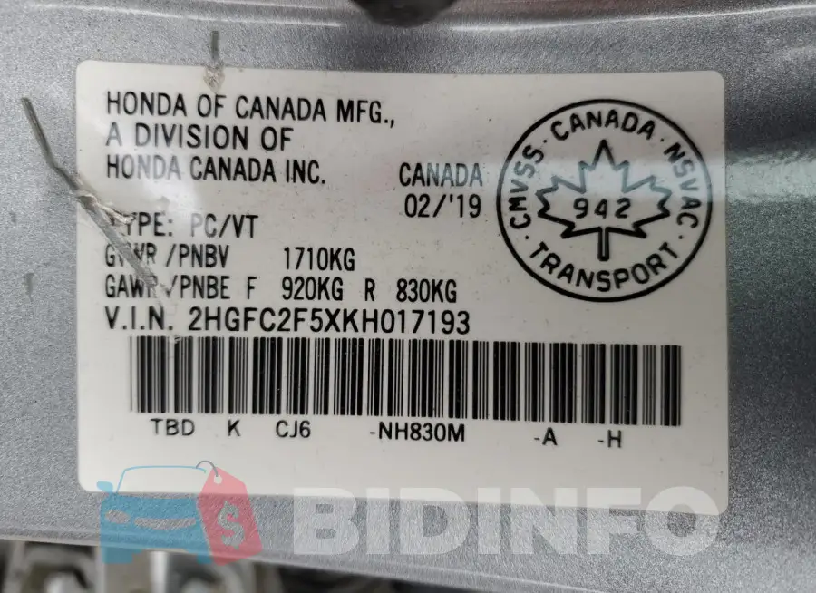 2HGFC2F5XKH017193 Photo# 12