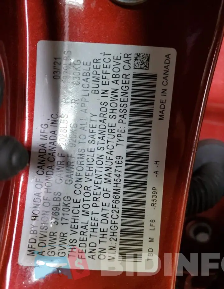 2HGFC2F66MH547169 Photo# 12