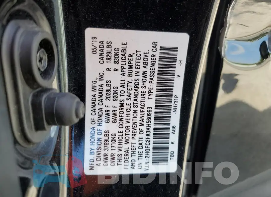 2HGFC2F83KH560993 Photo# 12