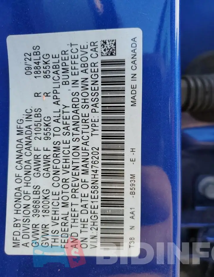 2HGFE1E58NH476202 Photo# 13