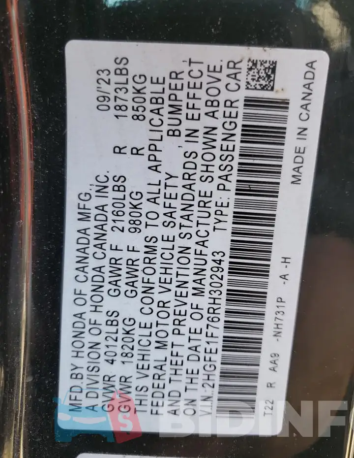 2HGFE1F76RH302943 Photo# 12