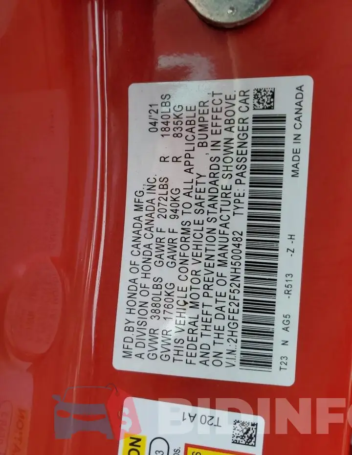 2HGFE2F52NH500482 Photo# 12