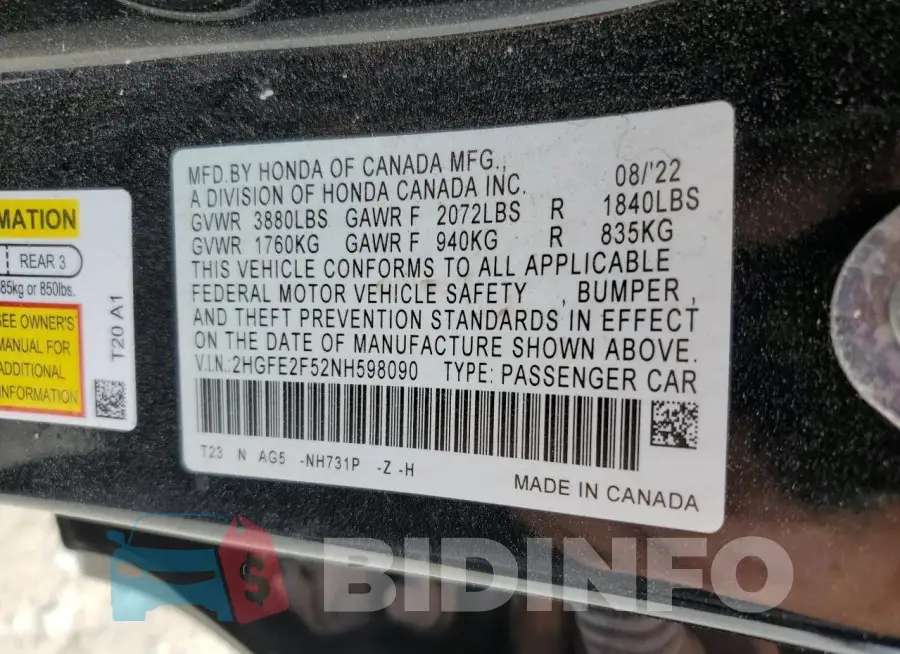 2HGFE2F52NH598090 Photo# 12