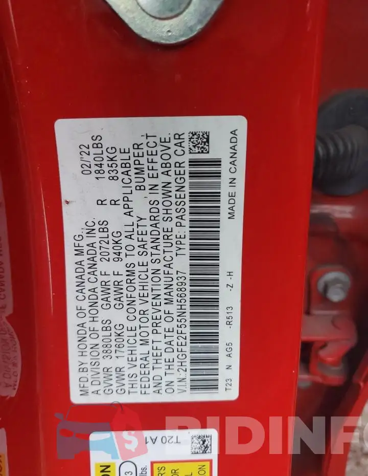 2HGFE2F55NH568937 Photo# 12