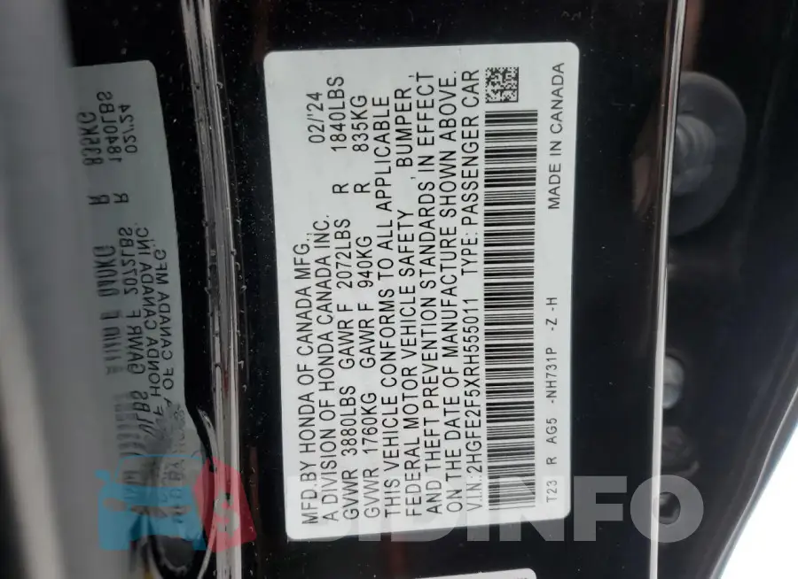 2HGFE2F5XRH555011 Photo# 13