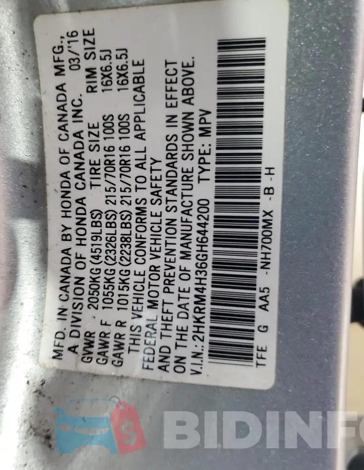 2HKRM4H36GH644200 Photo# 13