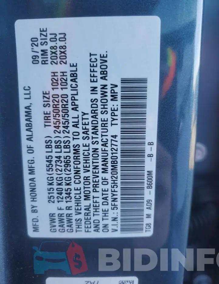 5FNYF5H20MB012774 Photo# 14