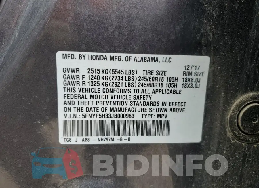 5FNYF5H33JB000963 Photo# 14