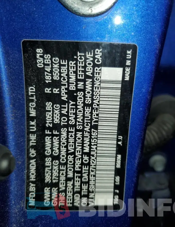 SHHFK7H2XJU415167 Photo# 13