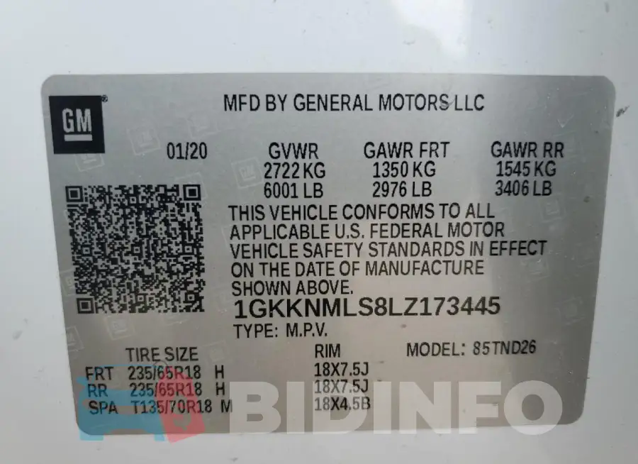 1GKKNMLS8LZ173445 Photo# 13