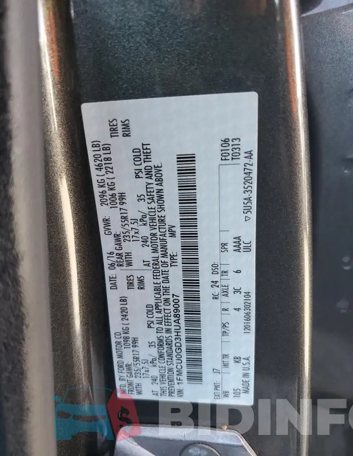1FMCU0GD3HUA89007 Photo# 14