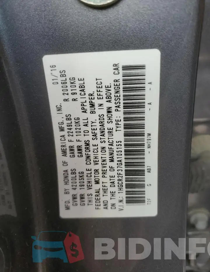1HGCR2F37GA105155 Photo# 13