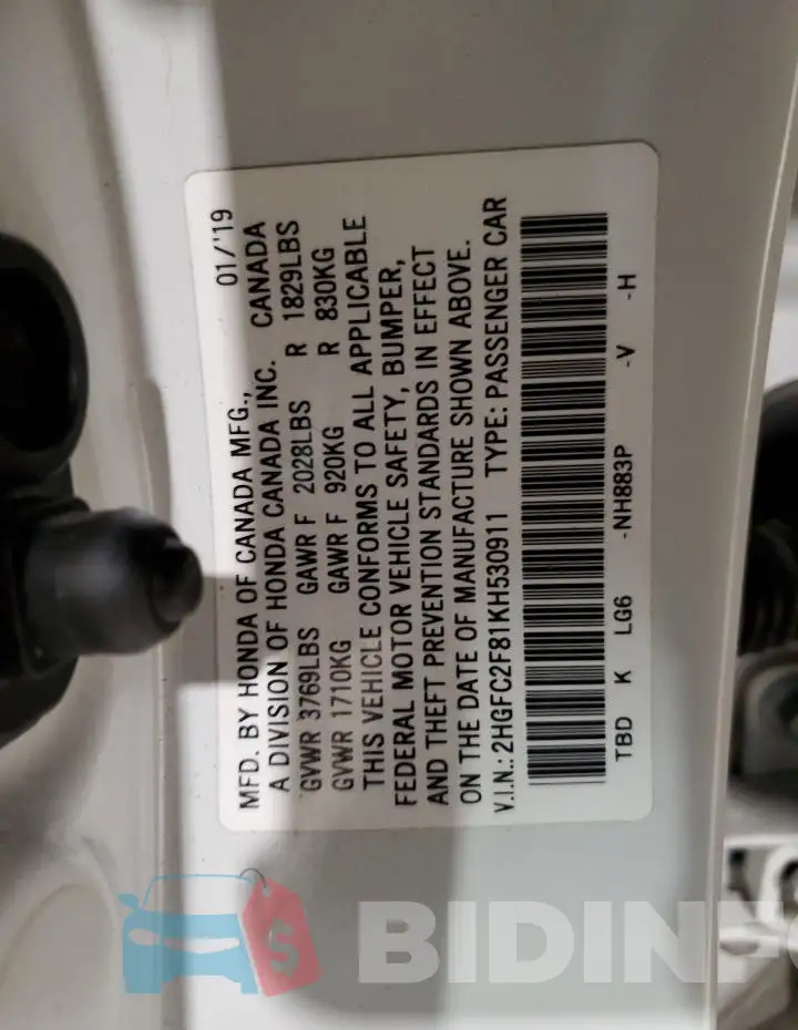 2HGFC2F81KH530911 Photo# 13