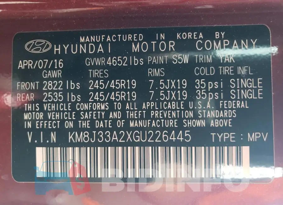 KM8J33A2XGU226445 Photo# 13
