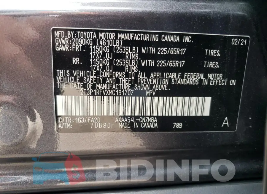2T3P1RFVXMC191707 Photo# 13