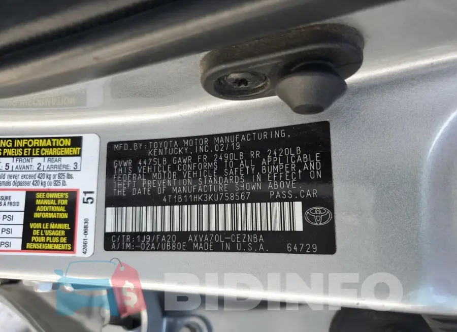 4T1B11HK3KU758567 Photo# 12