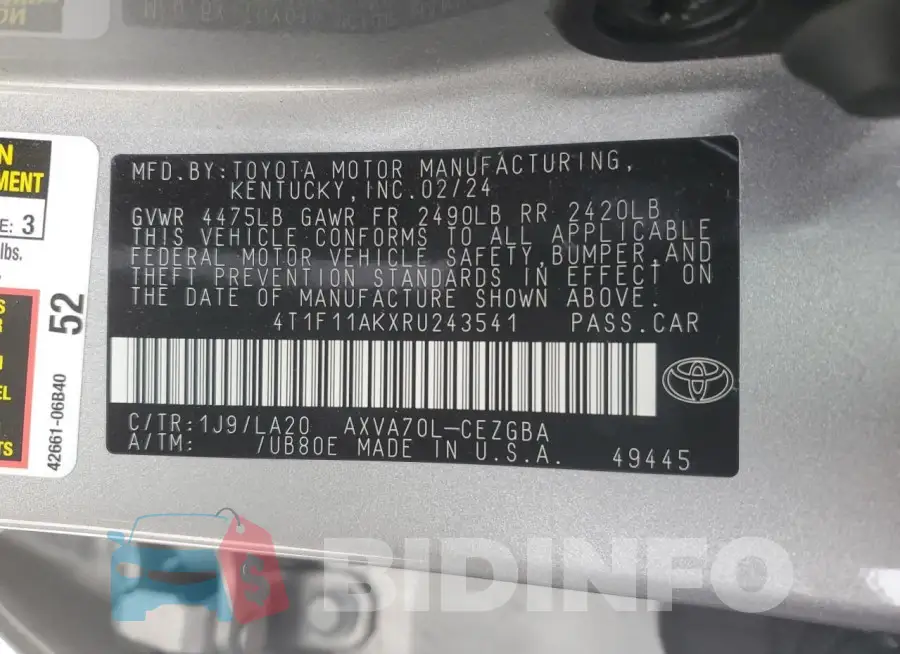 4T1F11AKXRU243541 Photo# 13