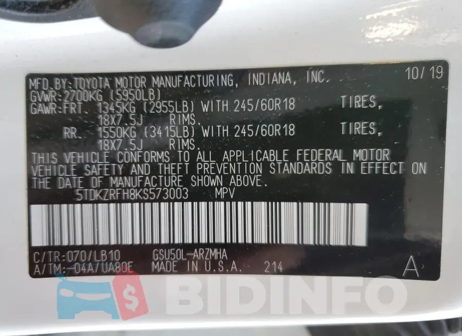 5TDKZRFH8KS573003 Photo# 13