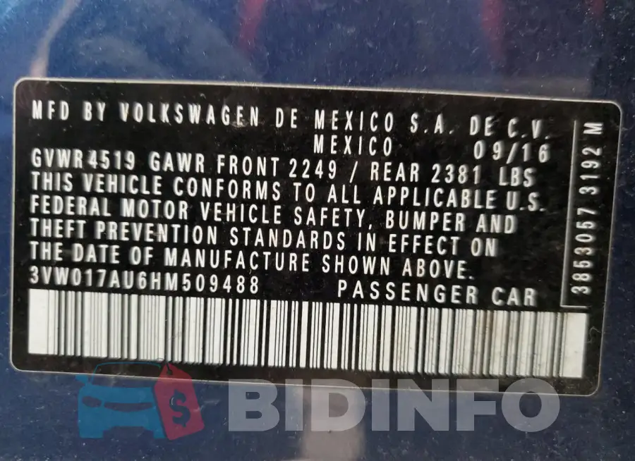 3VW017AU6HM509488 Photo# 12