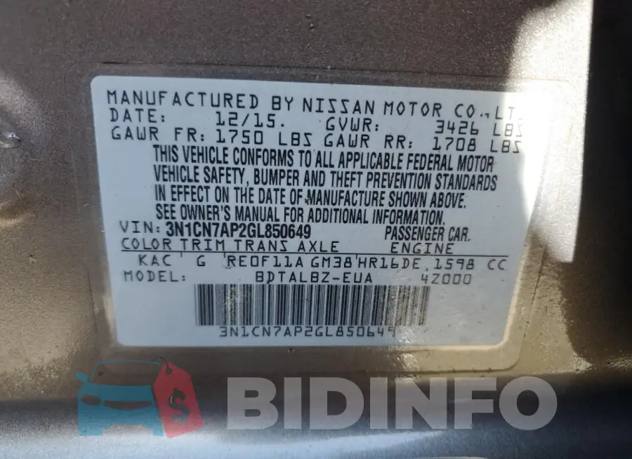 3N1CN7AP2GL850649 Photo# 13