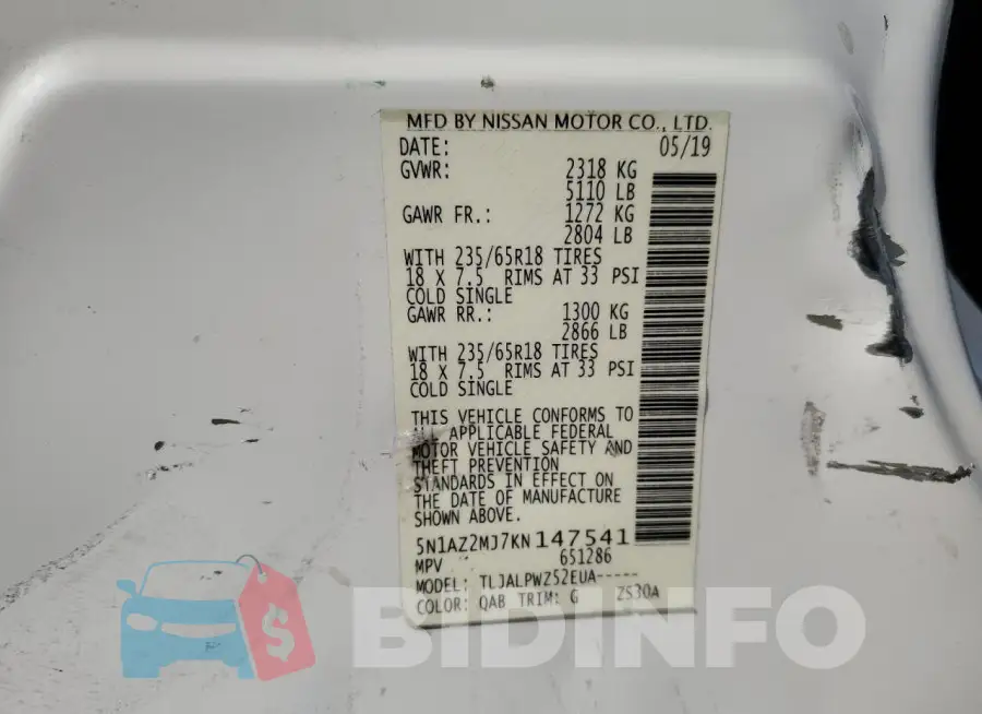 5N1AZ2MJ7KN147541 Photo# 14
