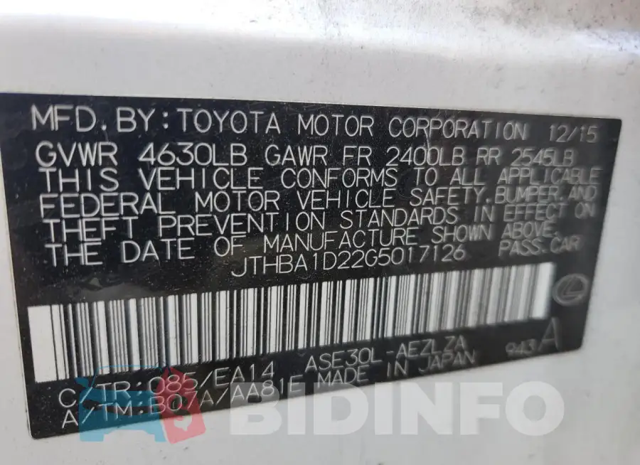 JTHBA1D22G5017126 Photo# 12