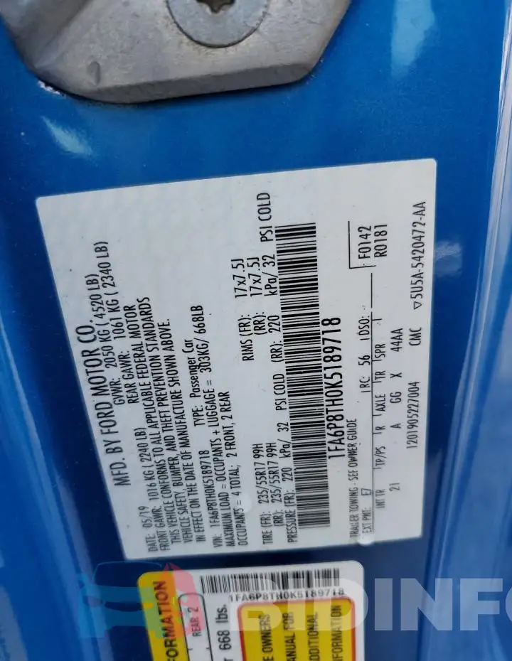 1FA6P8TH0K5189718 Photo# 13