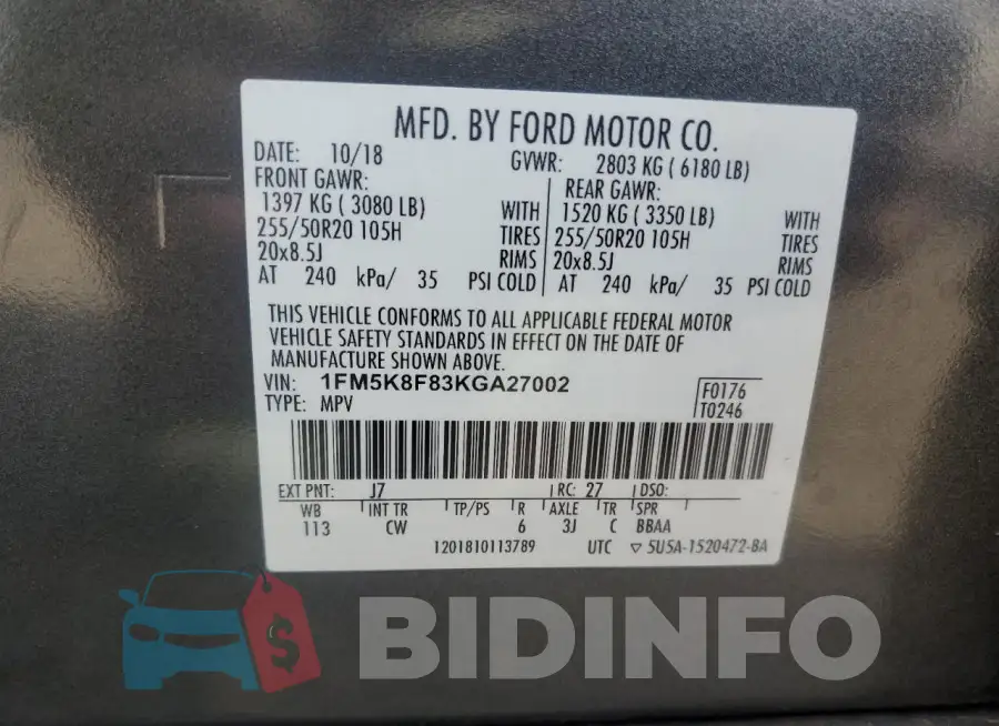 1FM5K8F83KGA27002 Photo# 13