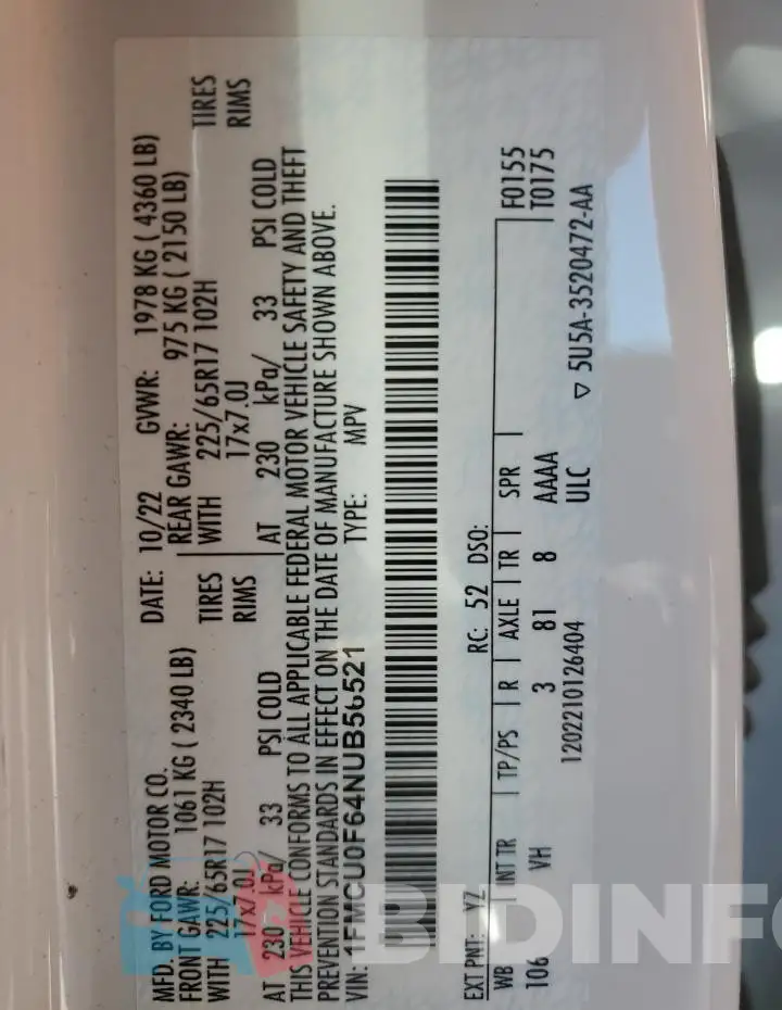 1FMCU0F64NUB56521 Photo# 14