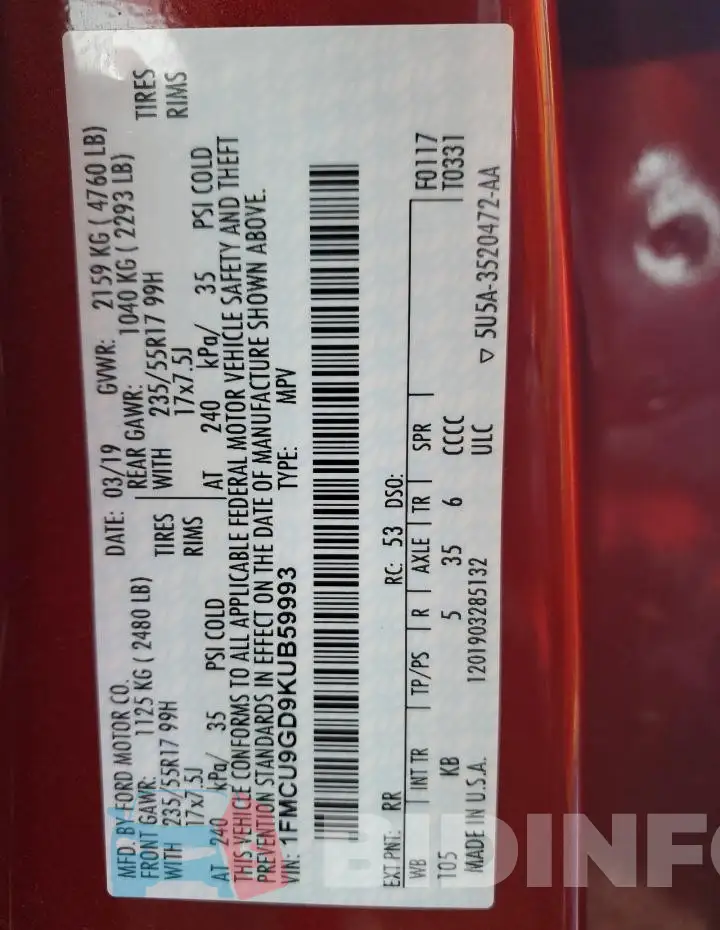 1FMCU9GD9KUB59993 Photo# 14