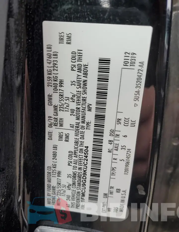 1FMCU9GD9KUC24504 Photo# 14