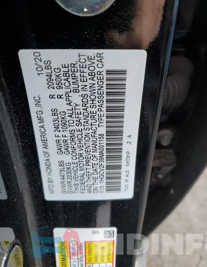 1HGCV2F39MA001158 Photo# 13