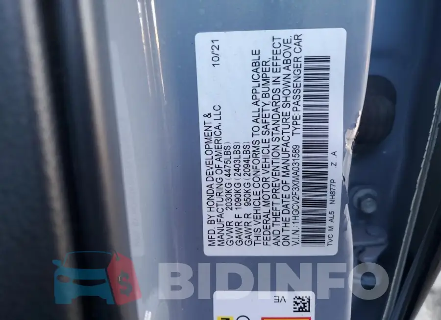 1HGCV2F3XMA031589 Photo# 12