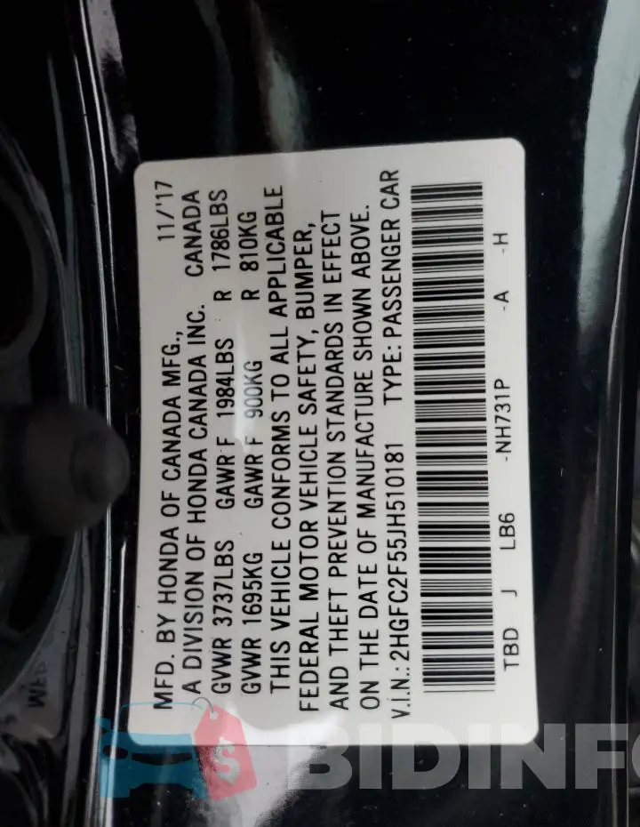 2HGFC2F55JH510181 Photo# 12