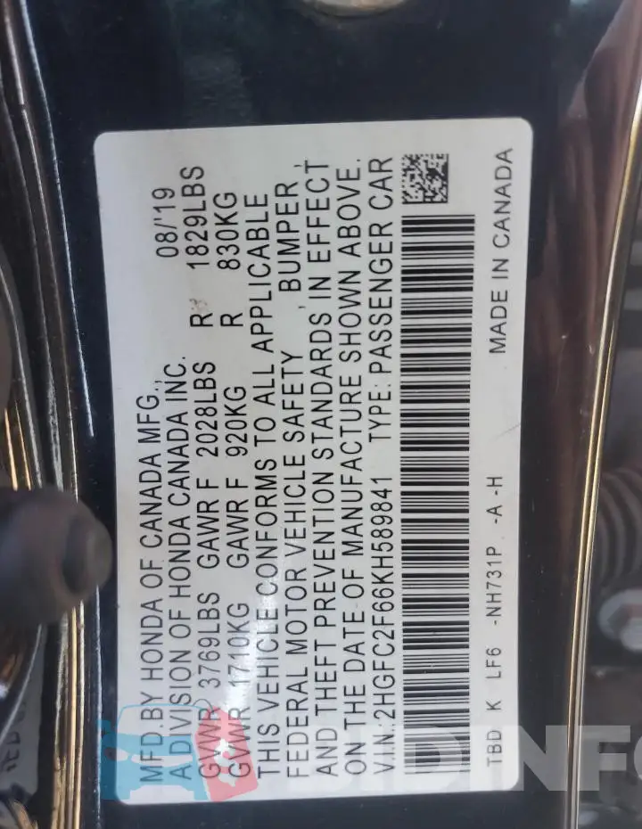 2HGFC2F66KH589841 Photo# 12