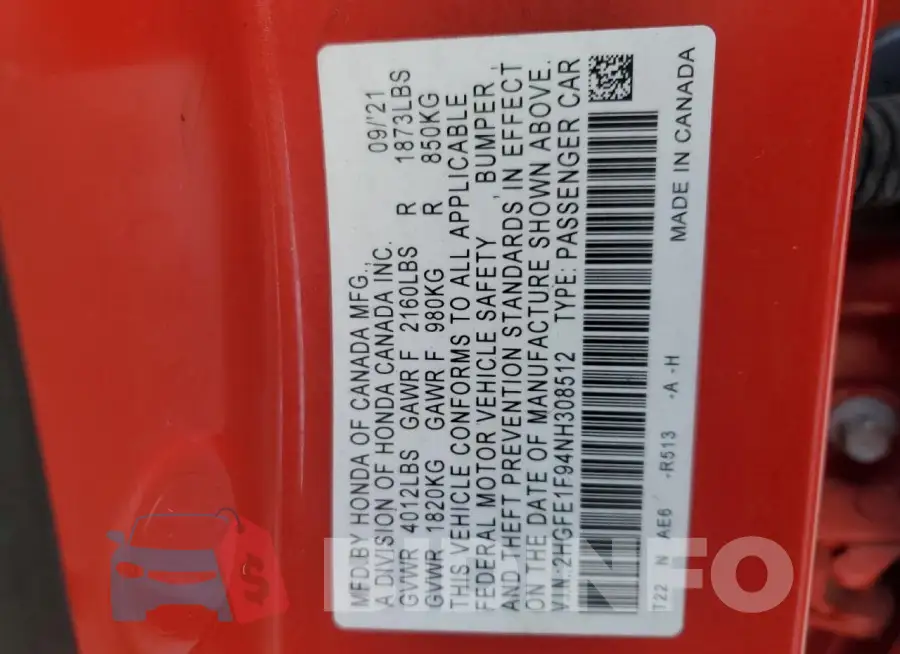 2HGFE1F94NH308512 Photo# 12