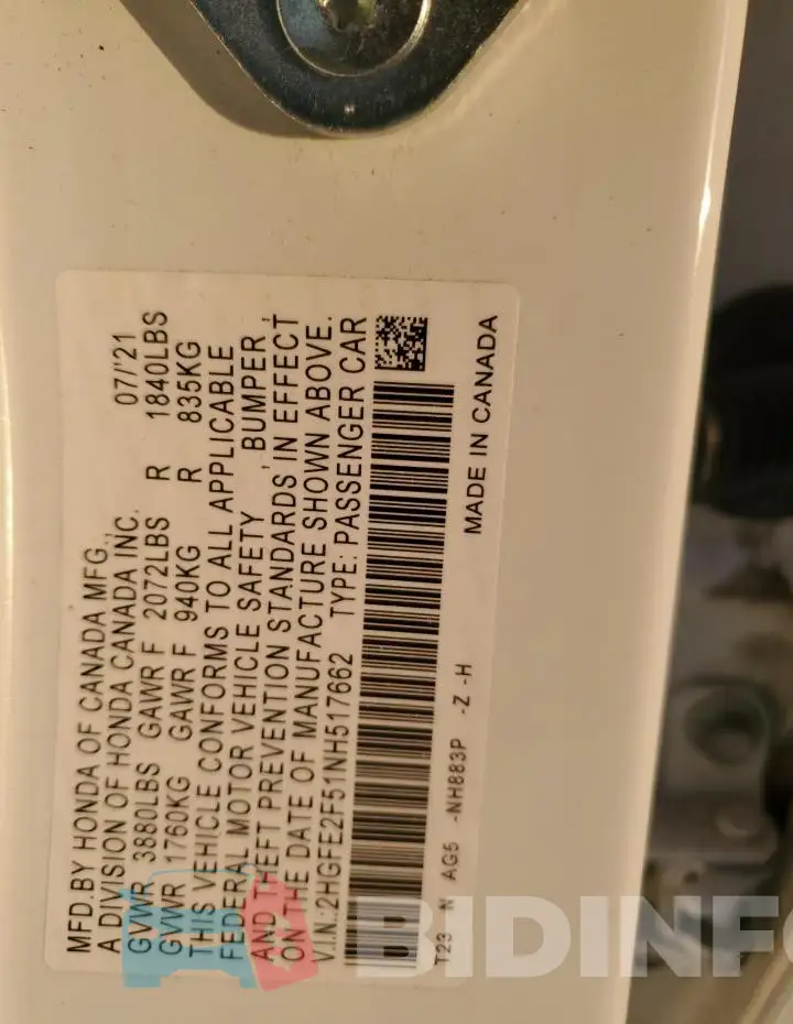 2HGFE2F51NH517662 Photo# 12