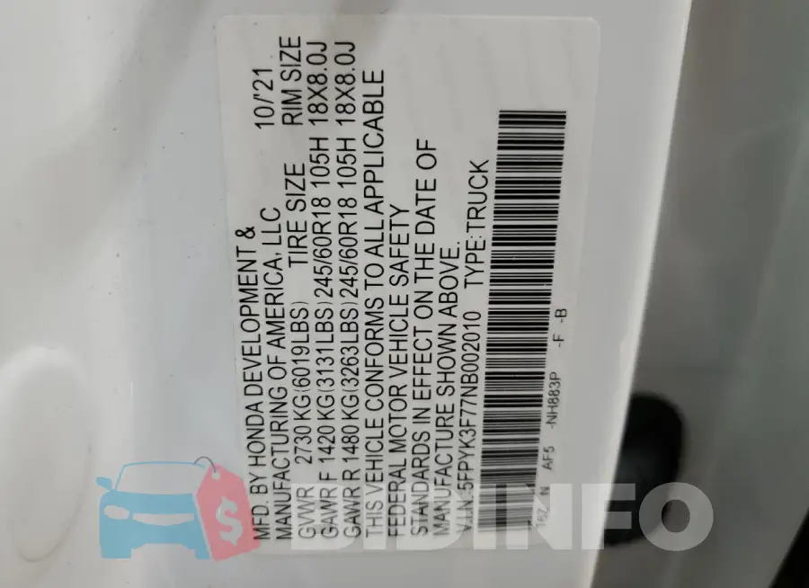 5FPYK3F77NB002010 Photo# 12