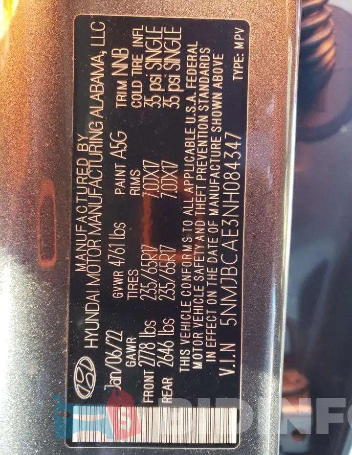 5NMJBCAE3NH084347 Photo# 12