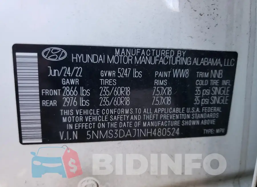 5NMS3DAJ1NH480524 Photo# 13